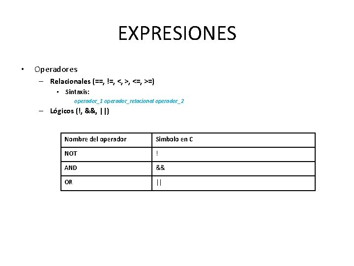 EXPRESIONES • Operadores – Relacionales (==, !=, <, >, <=, >=) • Sintaxis: operador_1