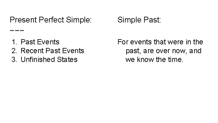 Present Perfect Simple: Simple Past: 1. Past Events 2. Recent Past Events 3. Unfinished