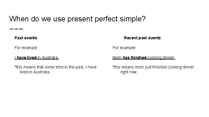 When do we use present perfect simple? Past events Recent past events For example: