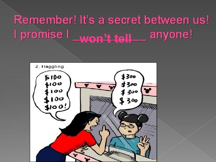 Remember! It’s a secret between us! I promise I ______ anyone! won’t tell 