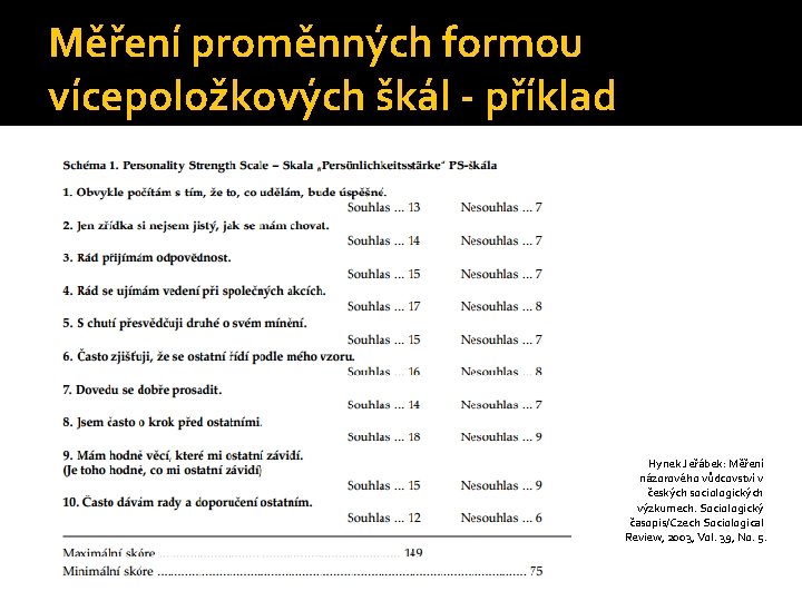 Měření proměnných formou vícepoložkových škál - příklad Hynek Jeřábek: Měření názorového vůdcovství v českých