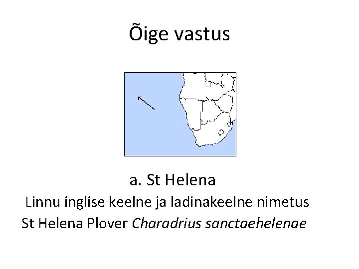 Õige vastus a. St Helena Linnu inglise keelne ja ladinakeelne nimetus St Helena Plover