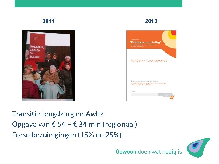 2011 Transitie Jeugdzorg en Awbz Opgave van € 54 + € 34 mln (regionaal)