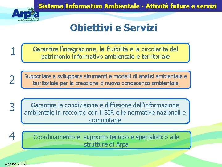 Sistema Informativo Ambientale - Attività future e servizi Obiettivi e Servizi 1 Garantire l’integrazione,