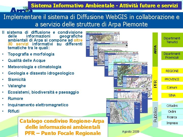 Sistema Informativo Ambientale - Attività future e servizi Implementare il sistema di Diffusione Web.