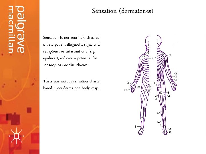 Sensation (dermatones)) Sensation is not routinely checked unless patient diagnosis, signs and symptoms or