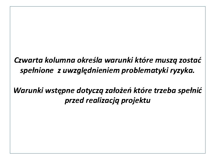 Czwarta kolumna określa warunki które muszą zostać spełnione z uwzględnieniem problematyki ryzyka. Warunki wstępne