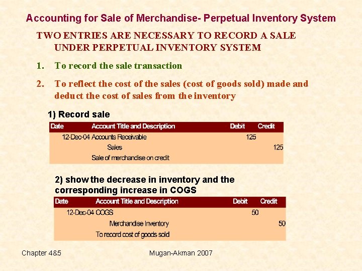 Accounting for Sale of Merchandise- Perpetual Inventory System TWO ENTRIES ARE NECESSARY TO RECORD