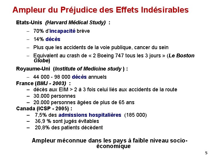 Ampleur du Préjudice des Effets Indésirables Etats-Unis (Harvard Médical Study) : ─ 70% d’incapacité