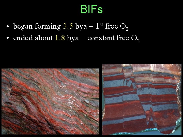 BIFs • began forming 3. 5 bya = 1 st free O 2 •