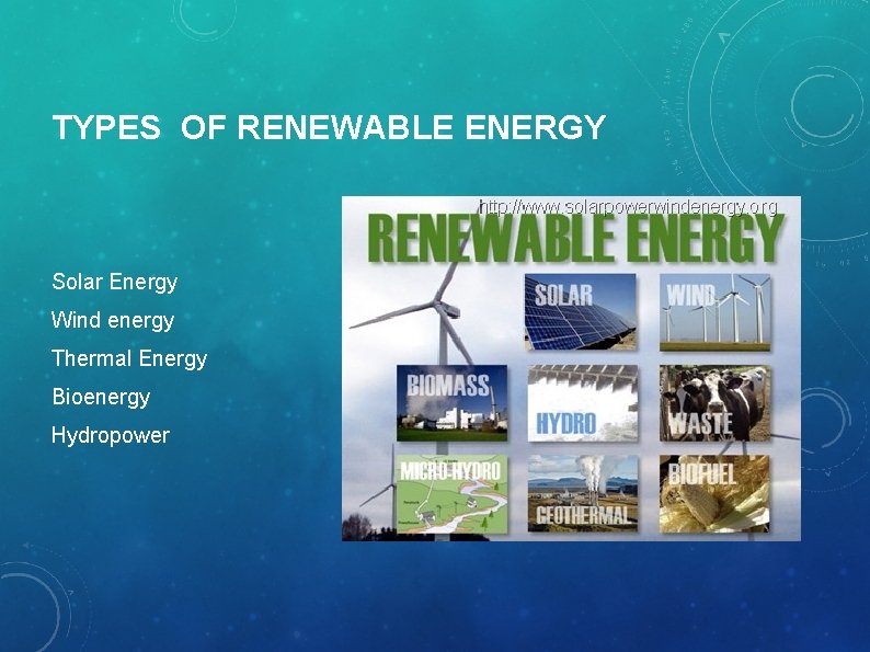 TYPES OF RENEWABLE ENERGY Solar Energy Wind energy Thermal Energy Bioenergy Hydropower 