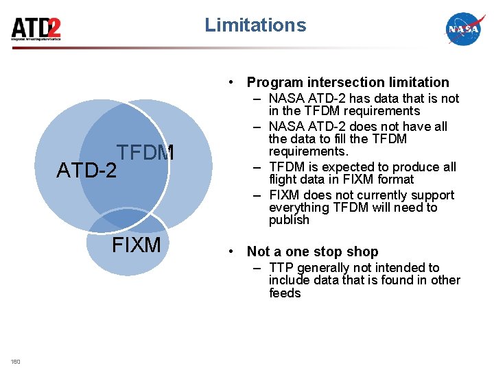 Limitations • Program intersection limitation – NASA ATD-2 has data that is not TFDM