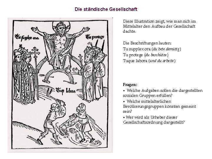Die ständische Gesellschaft Diese Illustration zeigt, wie man sich im Mittelalter den Aufbau der