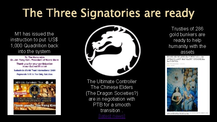 The Three Signatories are ready Trusties of 286 gold bunkers are ready to help