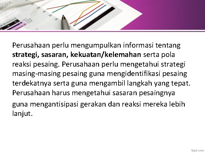 Perusahaan perlu mengumpulkan informasi tentang strategi, sasaran, kekuatan/kelemahan serta pola reaksi pesaing. Perusahaan perlu