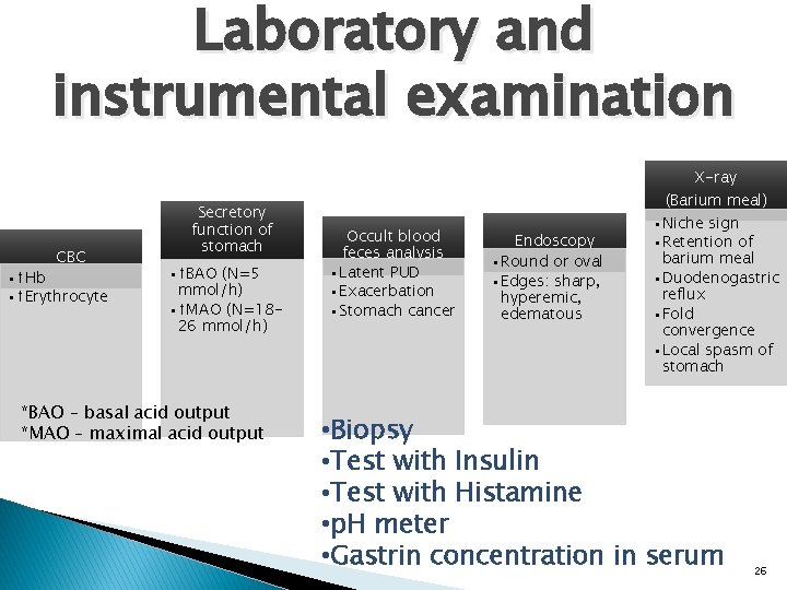 Laboratory and instrumental examination X-ray CBC • ↑Hb • ↑Erythrocyte Secretory function of stomach