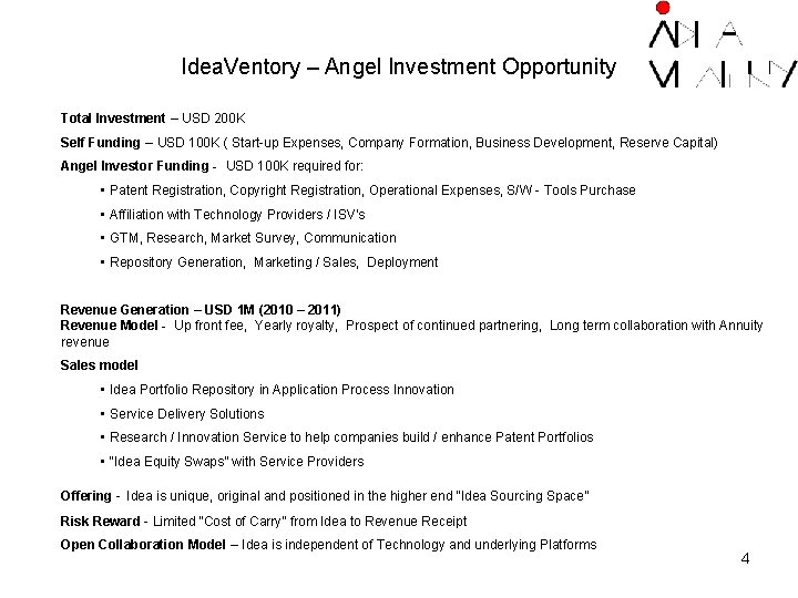 Idea. Ventory – Angel Investment Opportunity Total Investment – USD 200 K Self Funding