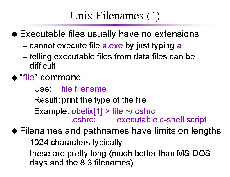 Unix Filenames (4) u Executable files usually have no extensions – cannot execute file