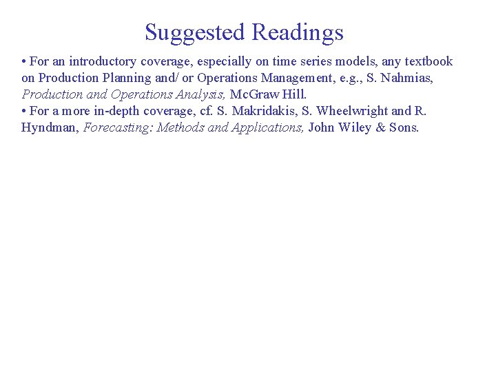 Suggested Readings • For an introductory coverage, especially on time series models, any textbook Suggested Readings • For an introductory coverage, especially on time series models, any textbook