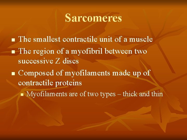 Sarcomeres n n n The smallest contractile unit of a muscle The region of