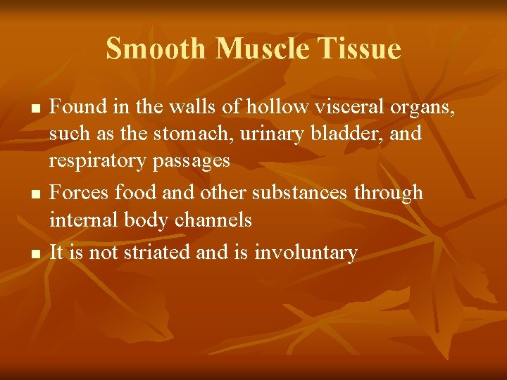 Smooth Muscle Tissue n n n Found in the walls of hollow visceral organs,