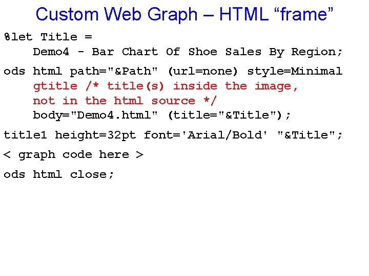 Custom Web Graph – HTML “frame” %let Title = Demo 4 - Bar Chart