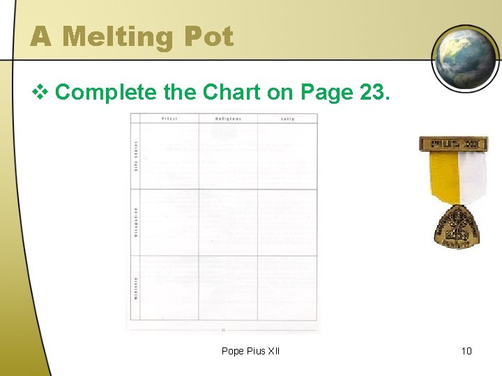 A Melting Pot v Complete the Chart on Page 23. Pope Pius XII 10