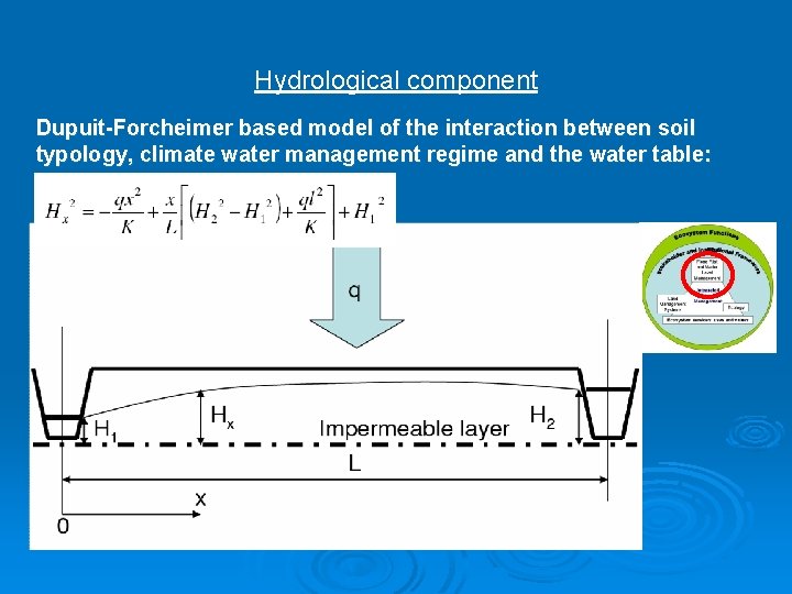 Hydrological component Dupuit-Forcheimer based model of the interaction between soil typology, climate water management