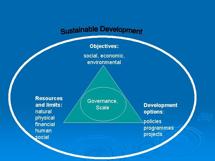 Objectives: social, economic, environmental Resources and limits: natural physical financial human social Governance, Scale