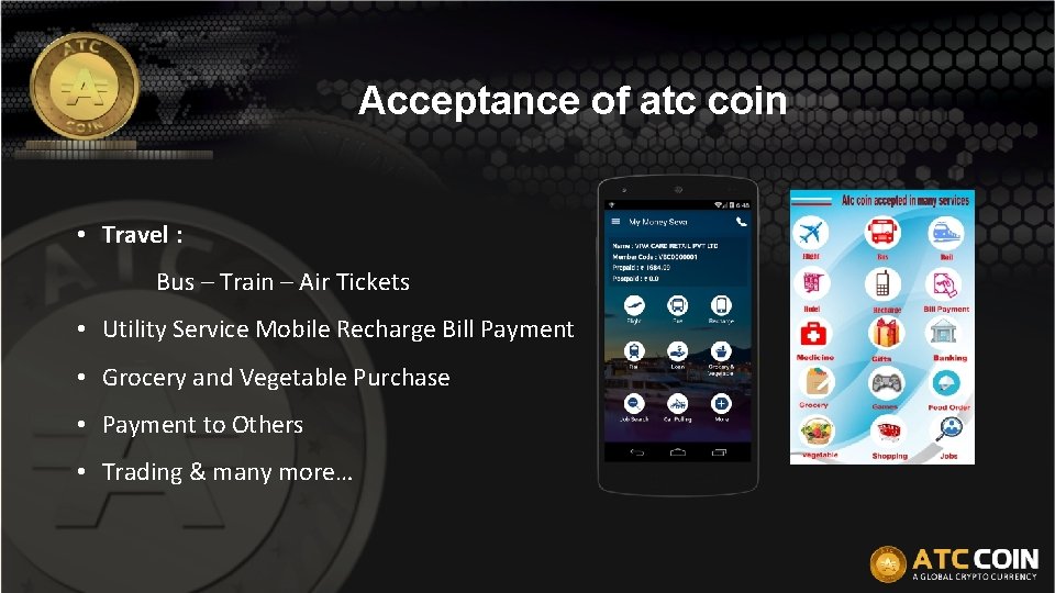 Acceptance of atc coin • Travel : Bus – Train – Air Tickets •