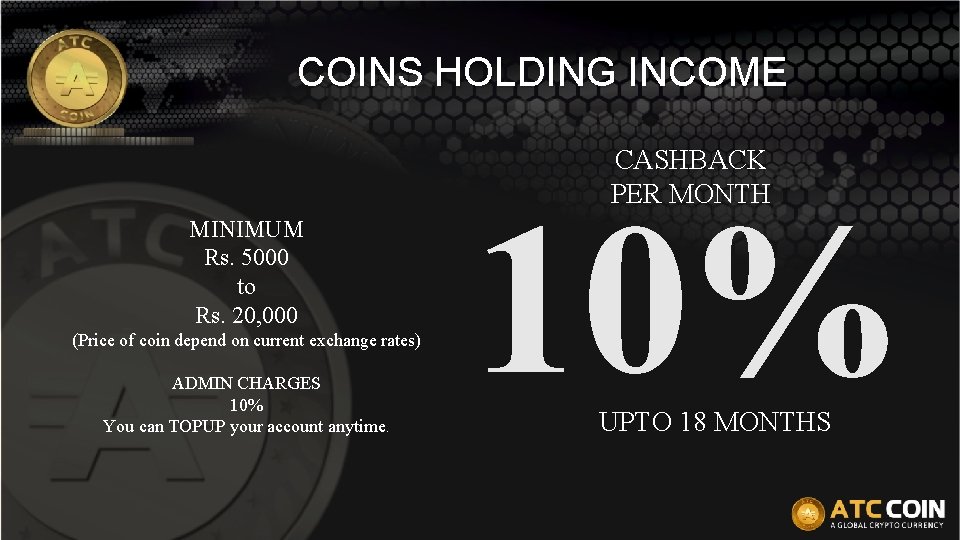 COINS HOLDING INCOME CASHBACK PER MONTH MINIMUM Rs. 5000 to Rs. 20, 000 (Price