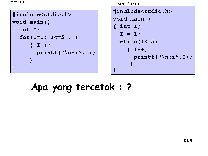 for() while() #include<stdio. h> void main() { int I; for(I=1; I<=5 ; ) {