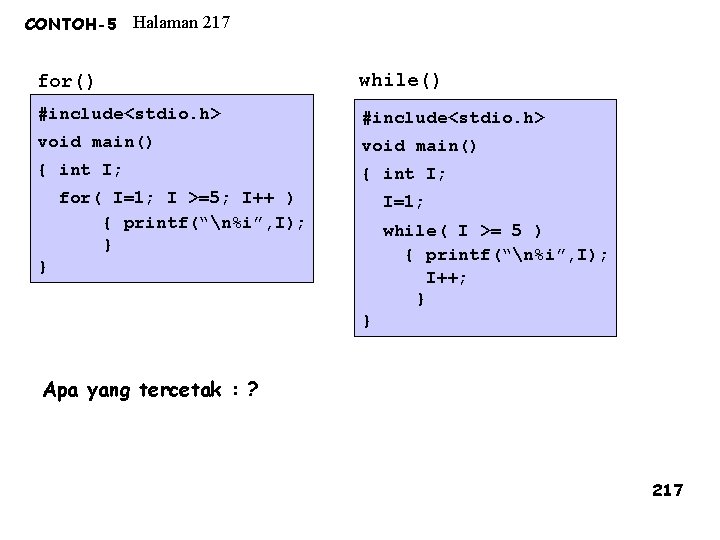 CONTOH-5 Halaman 217 for() while() #include<stdio. h> void main() { int I; for( I=1;