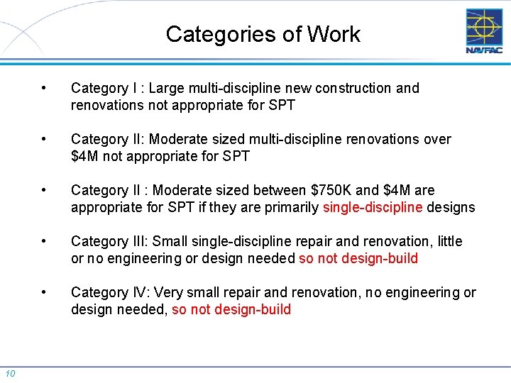 Categories of Work 10 • Category I : Large multi-discipline new construction and renovations