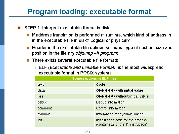 Program loading: executable format n STEP 1: Interpret executable format in disk l If
