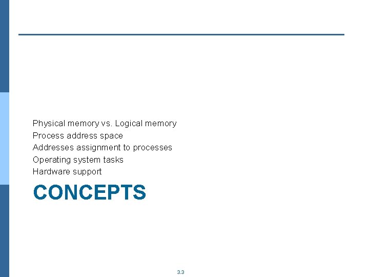 Physical memory vs. Logical memory Process address space Addresses assignment to processes Operating system