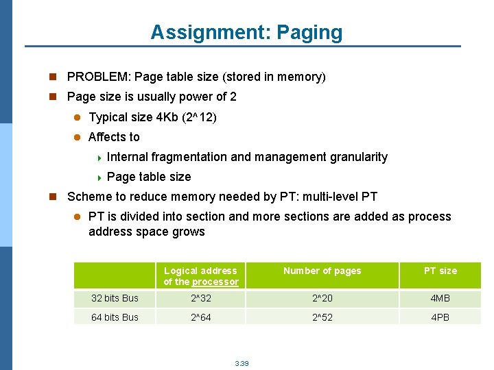 Assignment: Paging n PROBLEM: Page table size (stored in memory) n Page size is