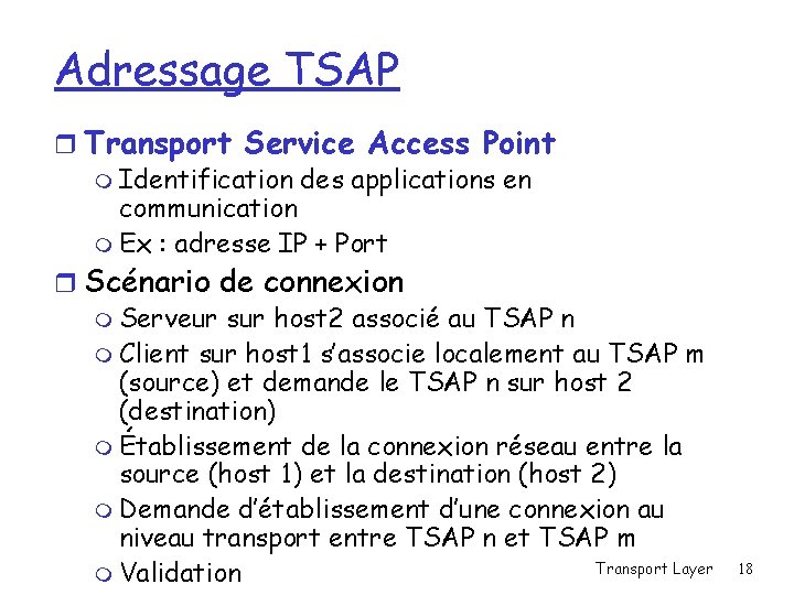 Adressage TSAP r Transport Service Access Point m Identification des applications en communication m