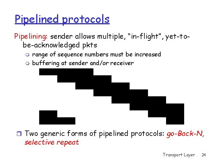 Pipelined protocols Pipelining: sender allows multiple, “in-flight”, yet-tobe-acknowledged pkts m m range of sequence