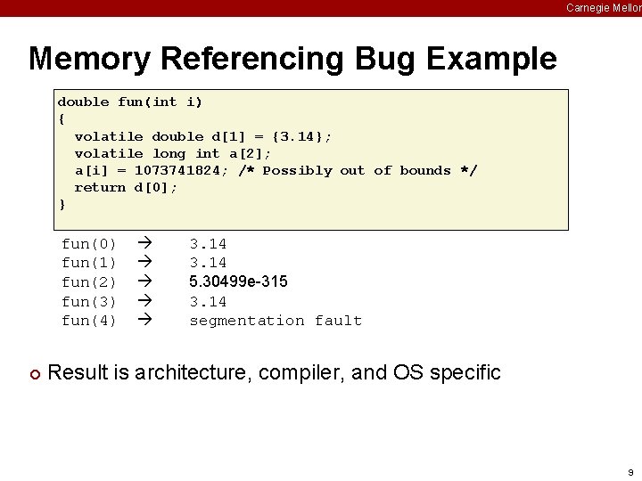 Carnegie Mellon Memory Referencing Bug Example double fun(int i) { volatile double d[1] =