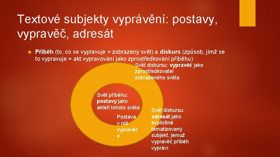 Textové subjekty vyprávění: postavy, vypravěč, adresát Příběh (to, co se vypravuje = zobrazený svět)