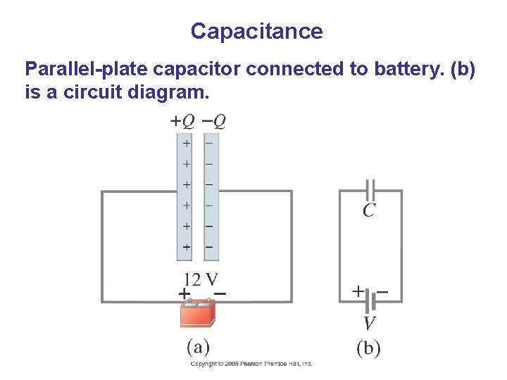 Capacitance Parallel-plate capacitor connected to battery. (b) is a circuit diagram. 
