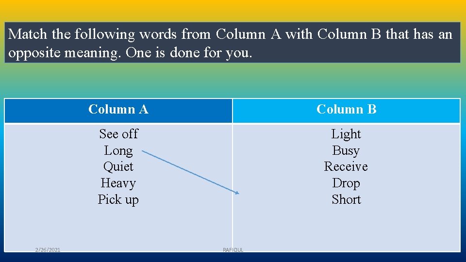 Match the following words from Column A with Column B that has an opposite