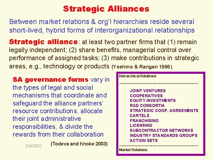 Strategic Alliances Between market relations & org’l hierarchies reside several short-lived, hybrid forms of