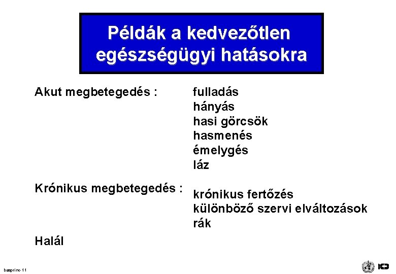 Példák a kedvezőtlen egészségügyi hatásokra Akut megbetegedés : fulladás hányás hasi görcsök hasmenés émelygés Példák a kedvezőtlen egészségügyi hatásokra Akut megbetegedés : fulladás hányás hasi görcsök hasmenés émelygés