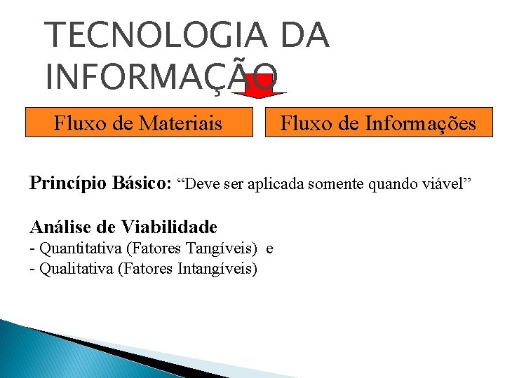 TECNOLOGIA DA INFORMAÇÃO Fluxo de Materiais Fluxo de Informações Princípio Básico: “Deve ser aplicada