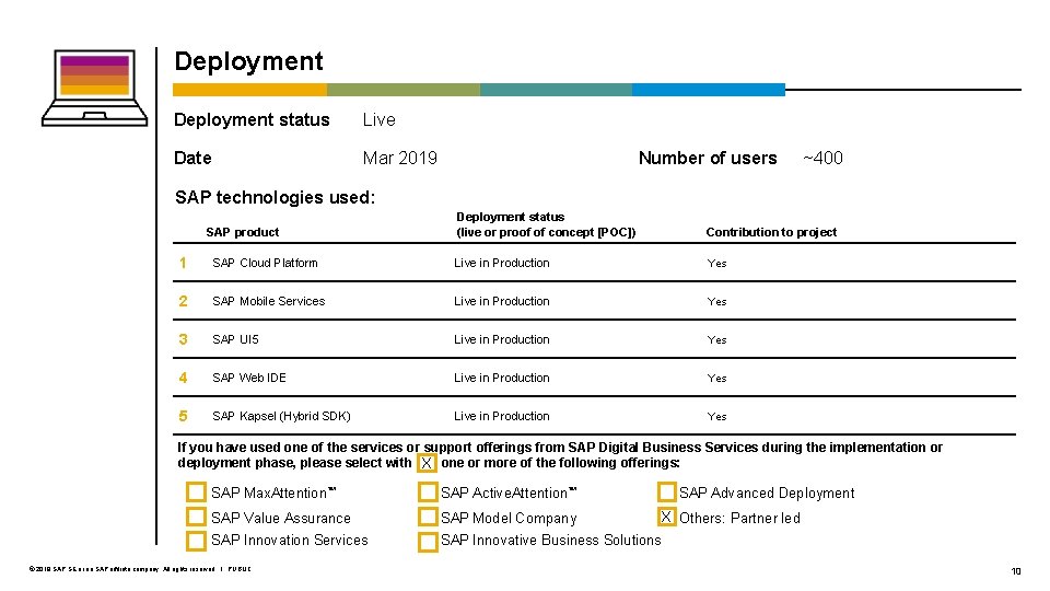 Deployment status Live Date Mar 2019 Number of users ~400 SAP technologies used: SAP