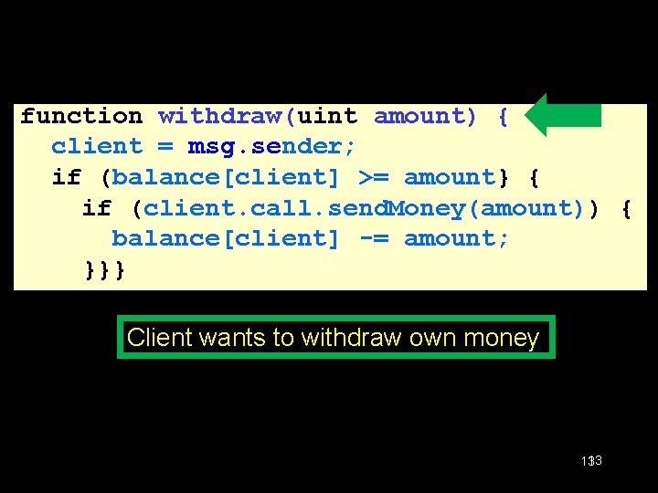 Schematic DAO Code function withdraw(uint amount) { client = msg. sender; if (balance[client] >=