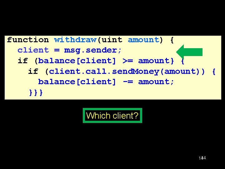 Schematic DAO Code function withdraw(uint amount) { client = msg. sender; if (balance[client] >=