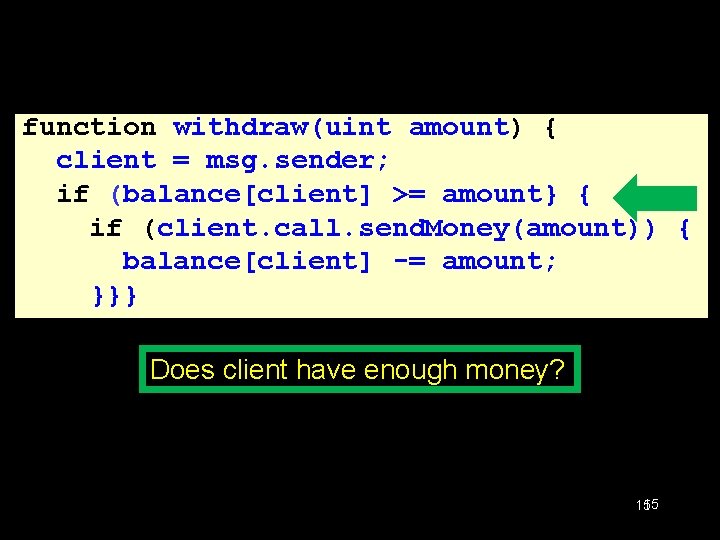 Schematic DAO Code function withdraw(uint amount) { client = msg. sender; if (balance[client] >=